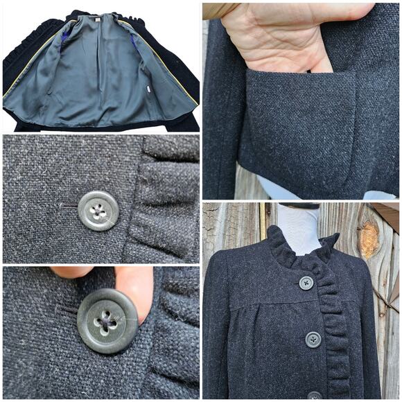 Tweed Ruffle Front Blazer Dark Charcoal Wool Jacket J. CREW Fiona Size 6 Pockets - Picture 1 of 9